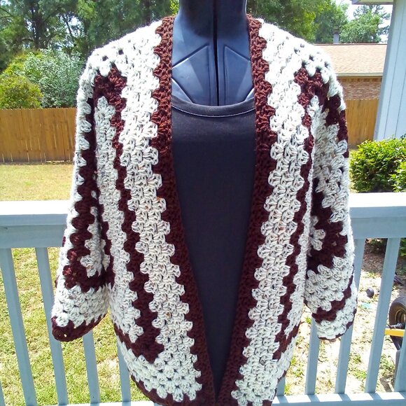 Handed Crafted Crochet Hexagon Cardigan, Size Large, Color Brown nd Tweed cream. - Picture 1 of 5